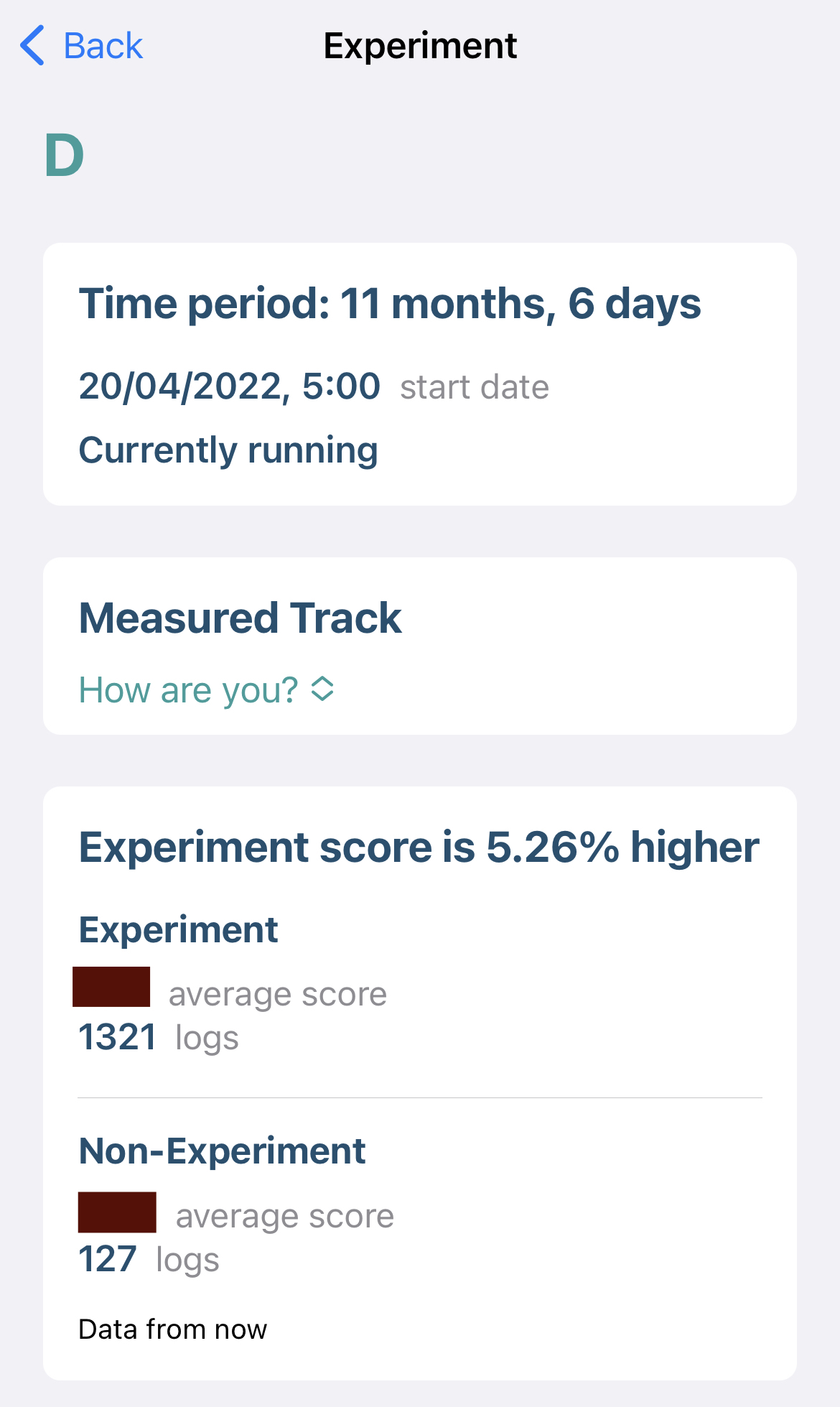 Experiment data and effects on tracking screenshot example- vitamin D effects on 'How are you' tracking